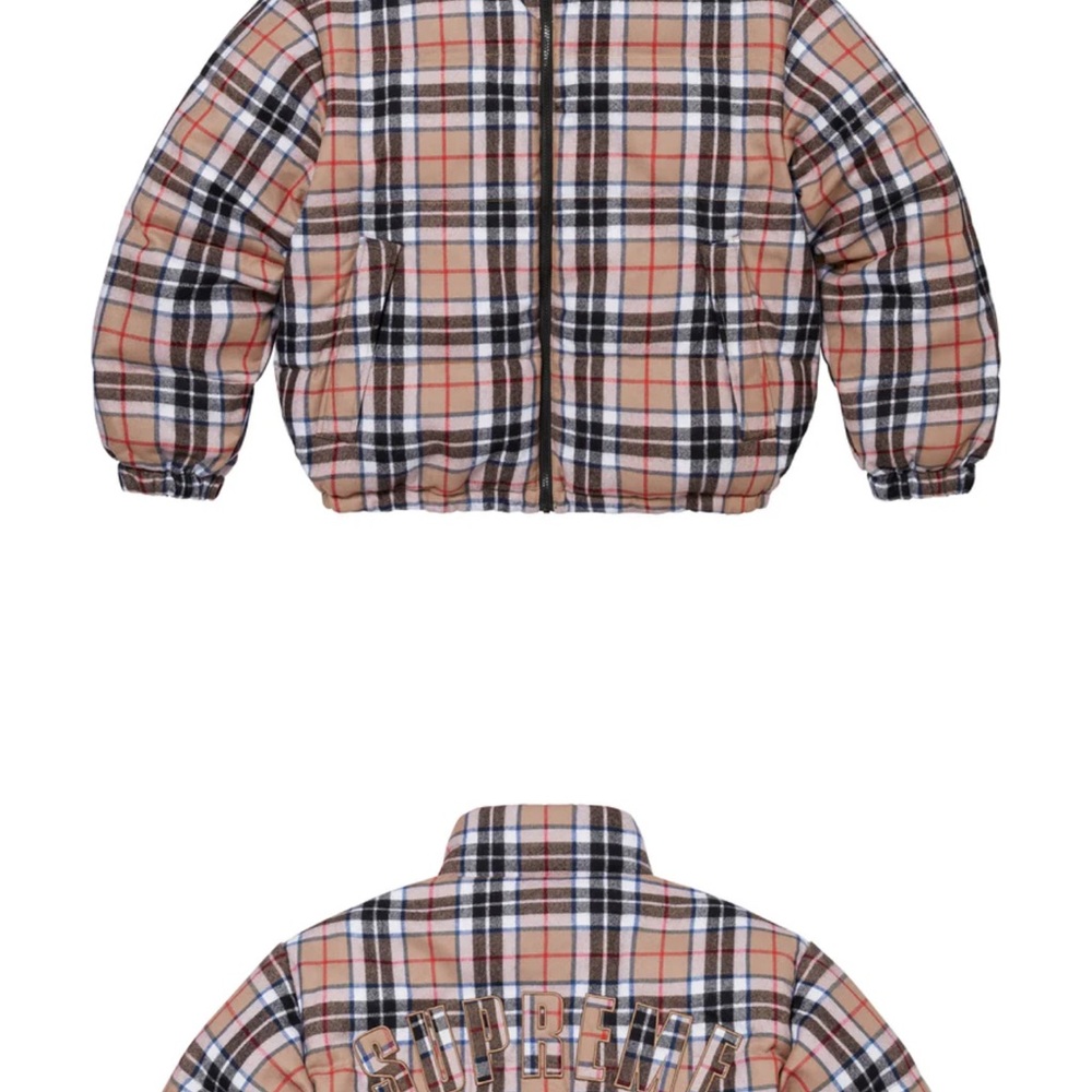 Supreme Burberry Inspired Plaid Reversible Puffer Jacket in Tan and Black